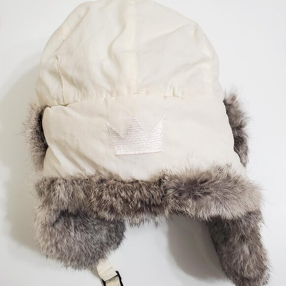CROWN CAP Rabbit Fur Aviator Trapper Hat Large White Grey Unisex - Picture 6 of 10